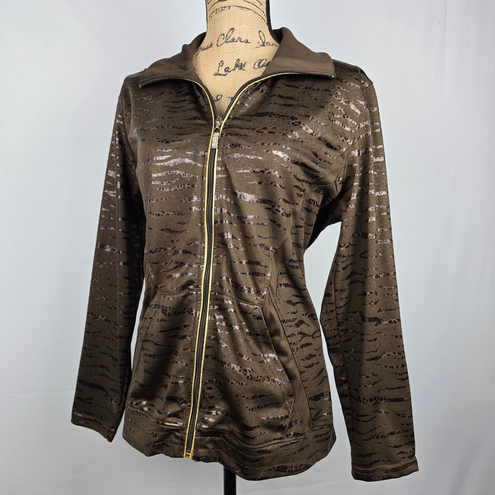 Activology Womens Brown Metallic Animal Print Zip‎ Up Track Jacket Mock Neck L